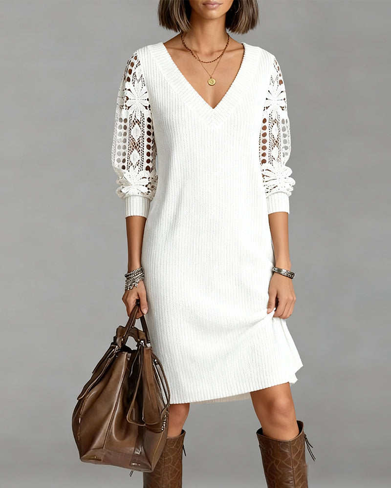 Robe en Dentelle à Manches Longues avec Décolleté en V
