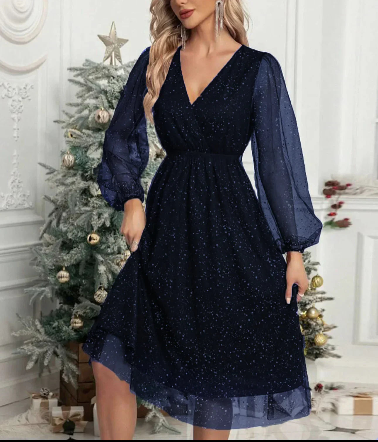 Mae Harper™ | Robe de soirée à manches en maille scintillante et décolleté en V