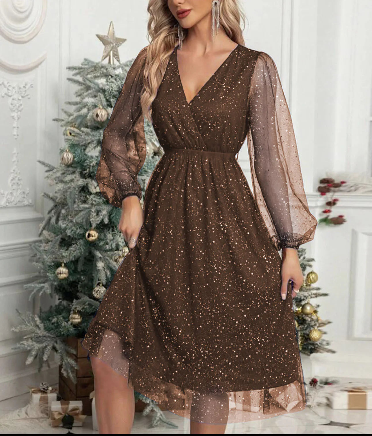 Mae Harper™ | Robe de soirée à manches en maille scintillante et décolleté en V
