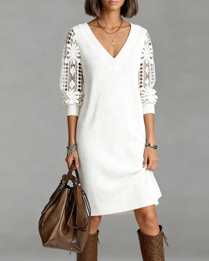 Robe en Dentelle à Manches Longues avec Décolleté en V